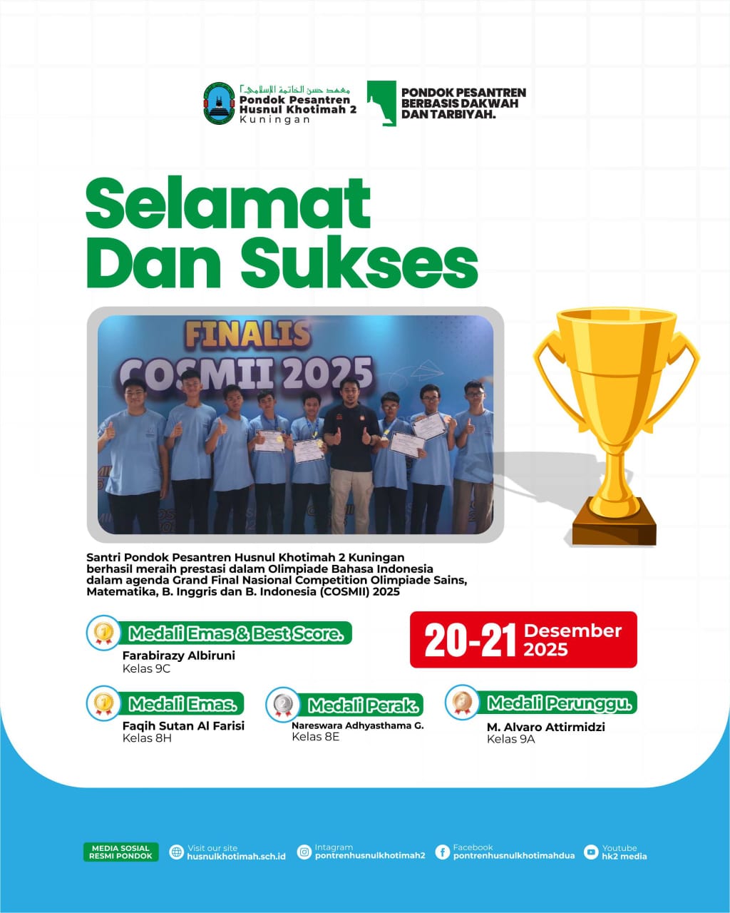 Santri Husnul Khotimah 2 Kembali Borong Medali Olimpiade Bahasa Indonesia COSMII 2025