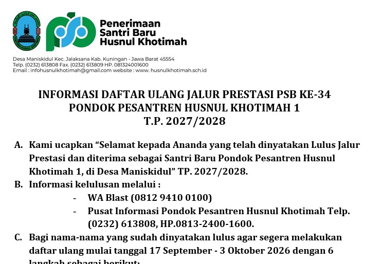 INFORMASI DAFTAR ULANG JALUR PRESTASI PSB T.P. 2027/2028